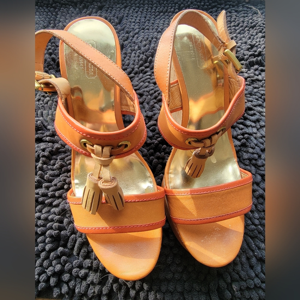 Used Coach Guileietta tassel cork wedge sandal pump heel shoe 9